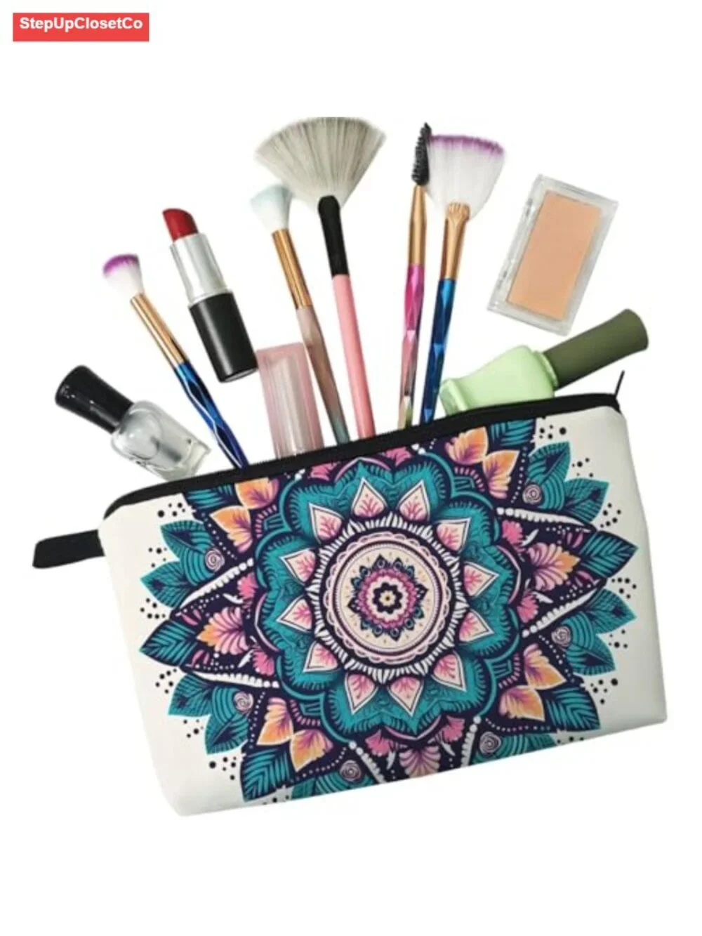 Floral Mandala Cosmetic Bag Padded Makeup Organizer Polyester Zipper Pouch